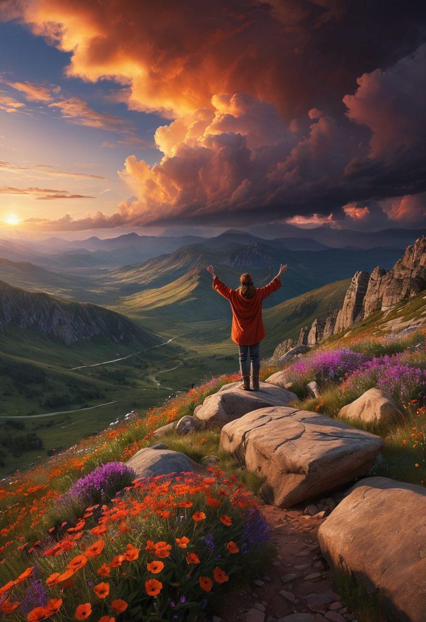 A serene landscape depicting a person standing confidently on a mountaintop, arms outstretched towards the vast horizon, symbolizing empowerment and acceptance. Surround them with contrasting elements of a rocky, harsh environment and vivid, blooming wildflowers to reflect resilience and contentment. The sky transitions from stormy clouds to a radiant sunset, enhancing the sense of hope and determination. super-realistic. vibrant colors. dramatic lighting.