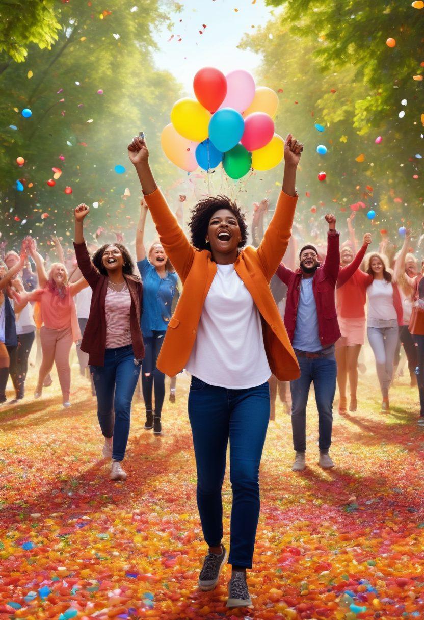 A vibrant scene depicting a diverse group of people celebrating small victories in everyday life, surrounded by colorful confetti and balloons. Include elements like a sunny park, laughter, and joyous expressions, capturing moments of connection and triumph. This should evoke a sense of warmth and community, showcasing candid interactions. super-realistic. vibrant colors. bright background.