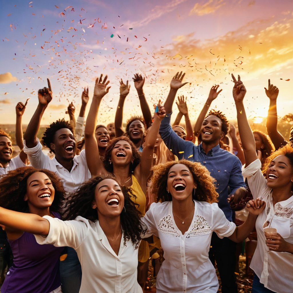 A vibrant scene of a group of diverse people joyfully celebrating life outdoors, immersed in an ecstatic moment, with colorful confetti swirling around them. The background features a breathtaking sunset, casting warm golden hues over the landscape. Each person is expressing their unique happiness, showcasing raw emotions and connections. The overall atmosphere exudes positivity and energy. super-realistic. vibrant colors. sunset backdrop.